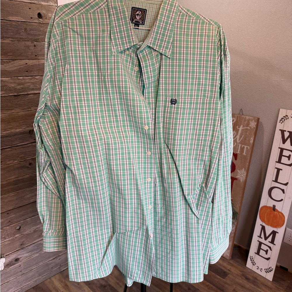 Cinch Men's Green and White Plaid Button Down Shirt